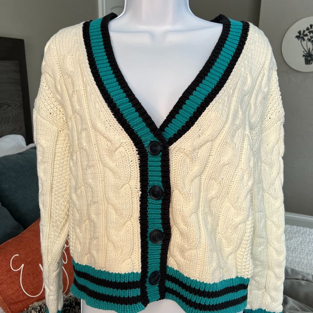 Maeve Varsity Cable-Knit Cardigan Sweater, Size S